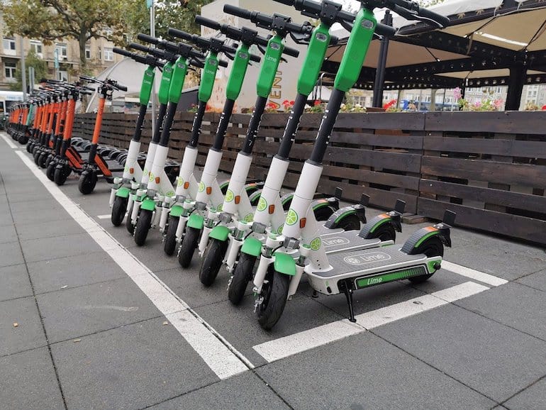 electric scooter safety, e-scooters in a row